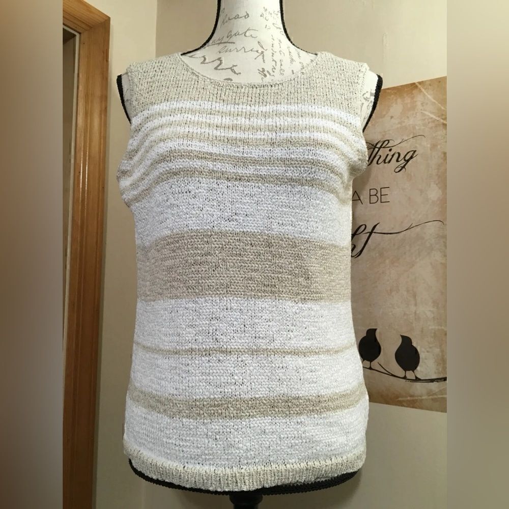 Nine & Company Women's Sleeveless Beige White Striped Sleeveless Top Tank - Sz L